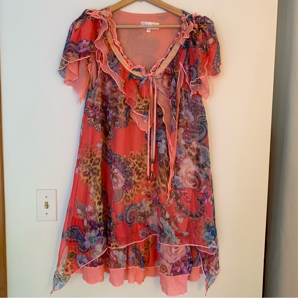 Floral Ruffle Coral-Pink Chiffon Women’s Top